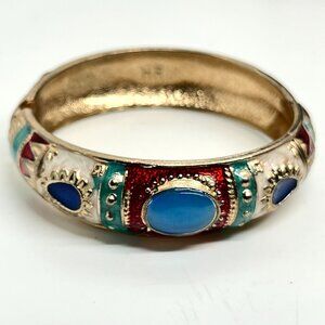 HELENA RUBENSTEIN Vintage Enamel Hinged Bangle Bracelet Gold Tone Cabochon 80s